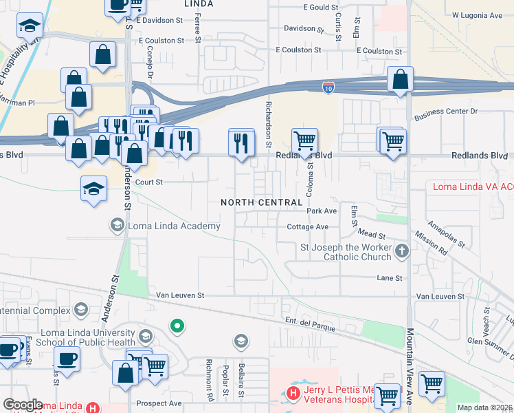 map of restaurants, bars, coffee shops, grocery stores, and more near 25248 Park Avenue in Loma Linda
