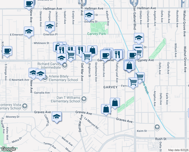 map of restaurants, bars, coffee shops, grocery stores, and more near 2646 Brighton Street in Rosemead