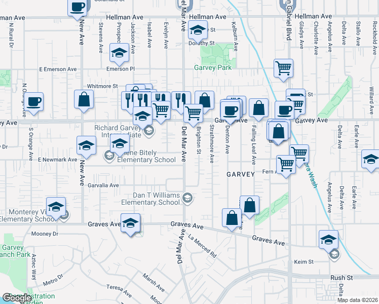 map of restaurants, bars, coffee shops, grocery stores, and more near 2634 Del Mar Avenue in Rosemead