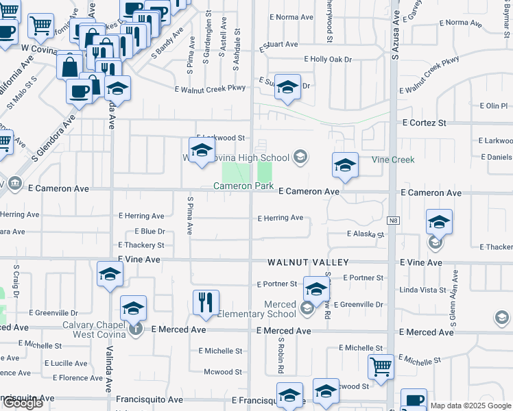 map of restaurants, bars, coffee shops, grocery stores, and more near 820 South Lark Ellen Avenue in West Covina