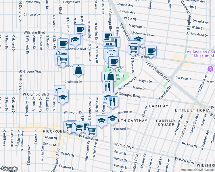 map of restaurants, bars, coffee shops, grocery stores, and more near 333 South La Cienega Boulevard in Beverly Hills