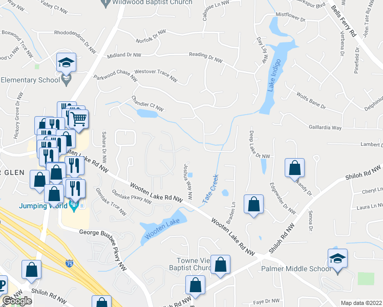 map of restaurants, bars, coffee shops, grocery stores, and more near 4491 Balmoral Road Northwest in Kennesaw