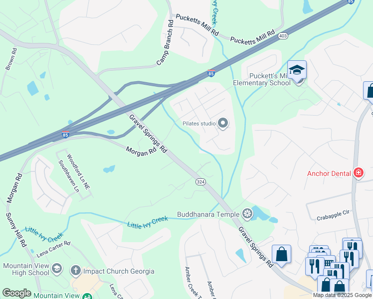 map of restaurants, bars, coffee shops, grocery stores, and more near 2425 Gravel Springs Road in Buford