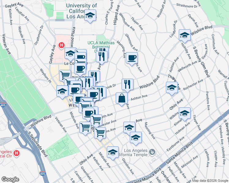 map of restaurants, bars, coffee shops, grocery stores, and more near 10787 Wilshire Boulevard in Los Angeles