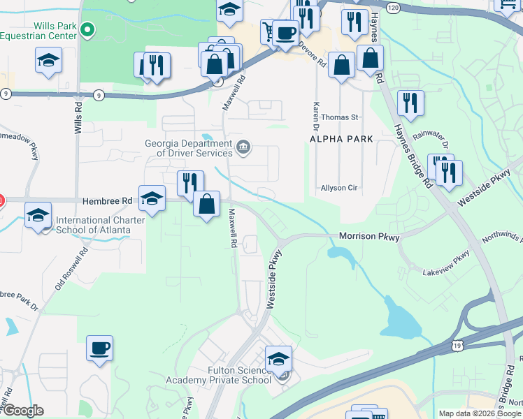 map of restaurants, bars, coffee shops, grocery stores, and more near 1000-1270 Hembree Rd in Alpharetta