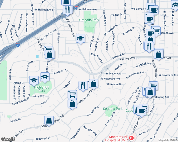 map of restaurants, bars, coffee shops, grocery stores, and more near 1615 Garvey Avenue in Alhambra