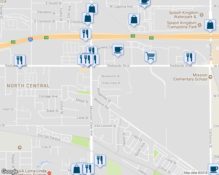 map of restaurants, bars, coffee shops, grocery stores, and more near 25824 Lomas Verdes Street in Redlands