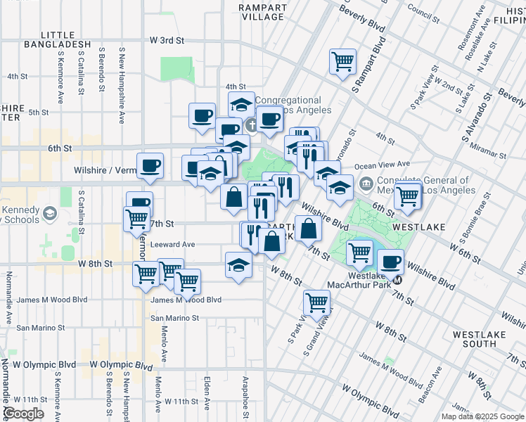 map of restaurants, bars, coffee shops, grocery stores, and more near 147 South Hoover Street in Los Angeles