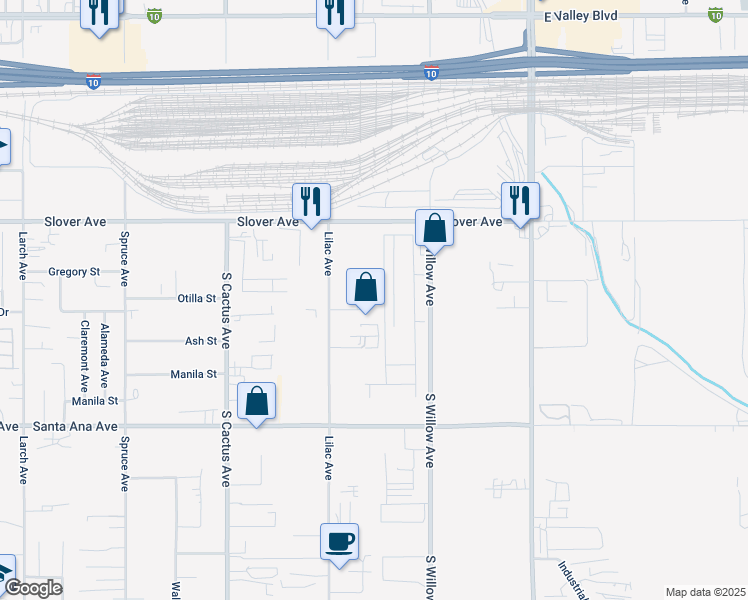 map of restaurants, bars, coffee shops, grocery stores, and more near 2259 South Vista Avenue in Bloomington