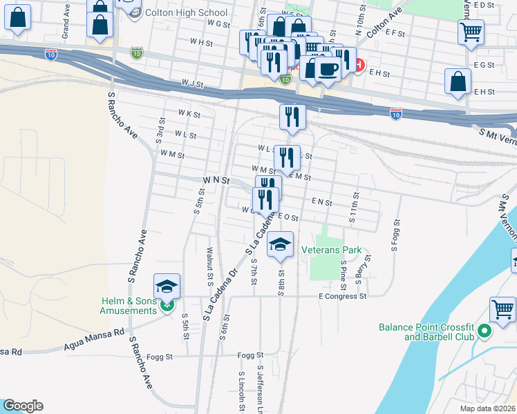 map of restaurants, bars, coffee shops, grocery stores, and more near 171 West O Street in Colton