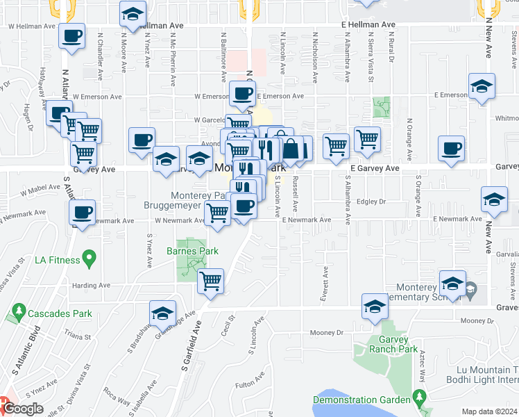 map of restaurants, bars, coffee shops, grocery stores, and more near 230 South Garfield Avenue in Monterey Park