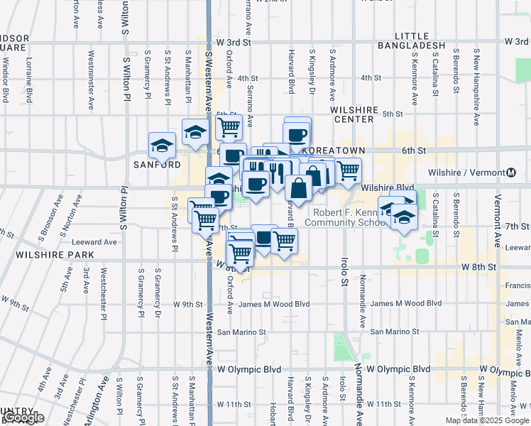 map of restaurants, bars, coffee shops, grocery stores, and more near 687 South Hobart Boulevard in Los Angeles