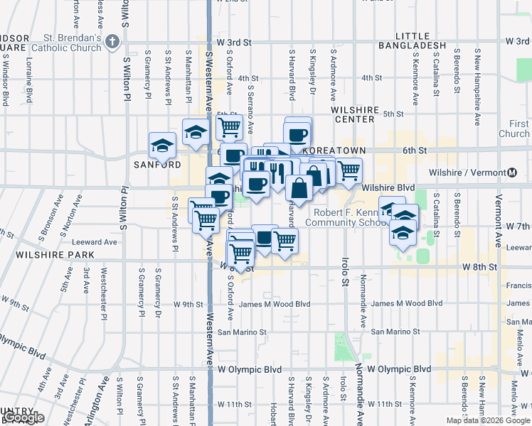 map of restaurants, bars, coffee shops, grocery stores, and more near 687 South Hobart Boulevard in Los Angeles