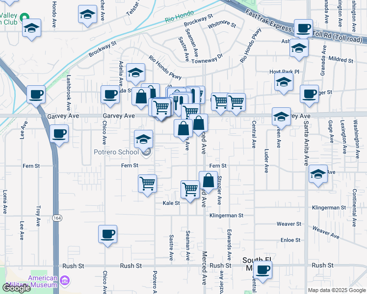 map of restaurants, bars, coffee shops, grocery stores, and more near 2645 Seaman Ave in El Monte