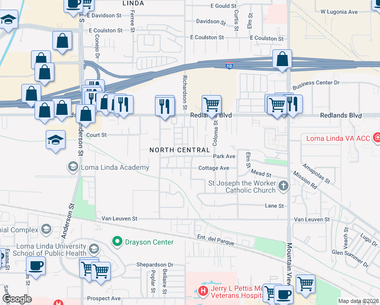 map of restaurants, bars, coffee shops, grocery stores, and more near 25300 Park Avenue in Loma Linda