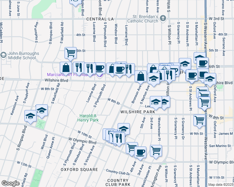 map of restaurants, bars, coffee shops, grocery stores, and more near 715 Lorraine Boulevard in Los Angeles