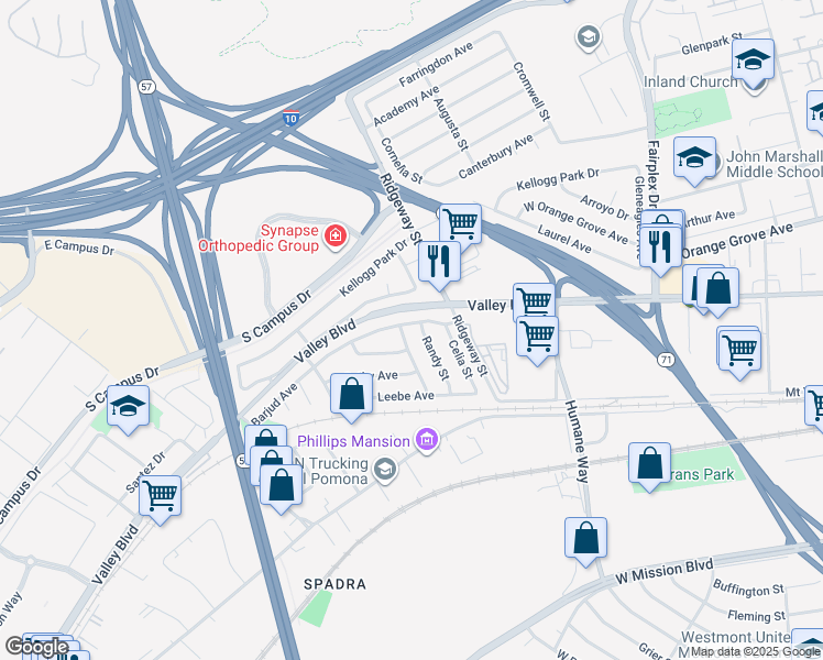 map of restaurants, bars, coffee shops, grocery stores, and more near 2484 Barjud Avenue in Pomona