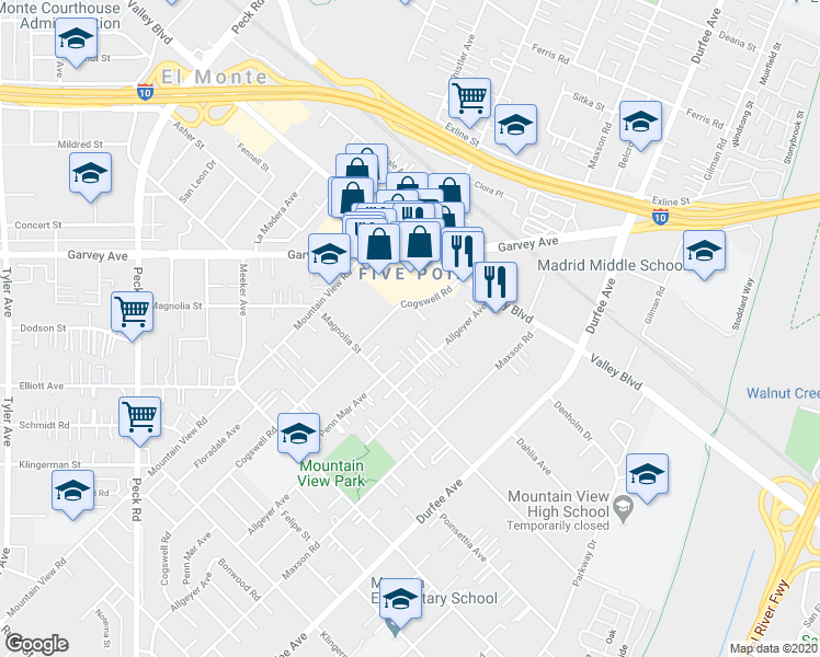 map of restaurants, bars, coffee shops, grocery stores, and more near 2916 Cogswell Road in El Monte