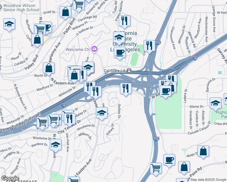 map of restaurants, bars, coffee shops, grocery stores, and more near Hayes Street in East Los Angeles