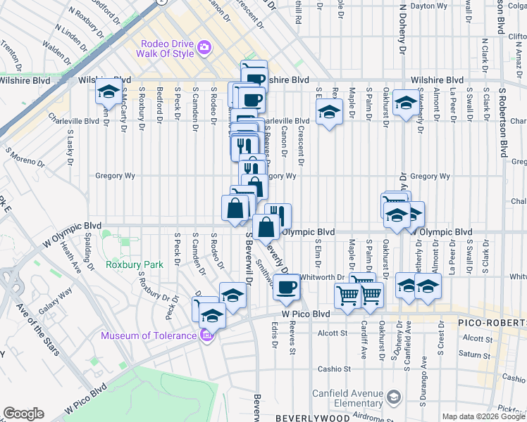 map of restaurants, bars, coffee shops, grocery stores, and more near 346 South Reeves Drive in Beverly Hills