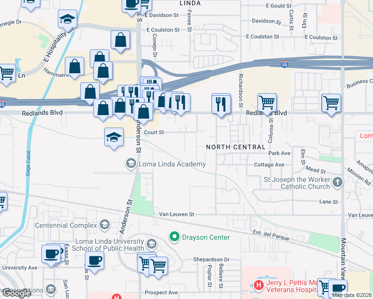 map of restaurants, bars, coffee shops, grocery stores, and more near 10645 Lind Avenue in Loma Linda