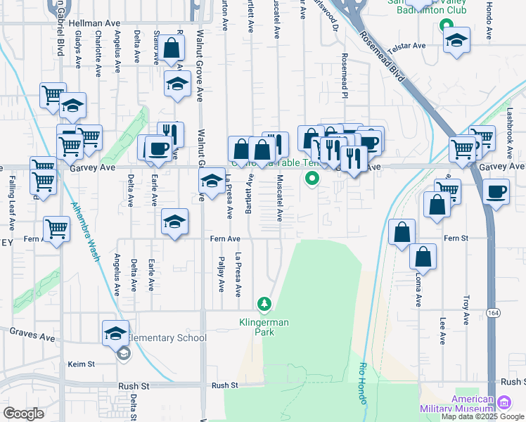 map of restaurants, bars, coffee shops, grocery stores, and more near 2649 3/4 Muscatel Avenue in Rosemead