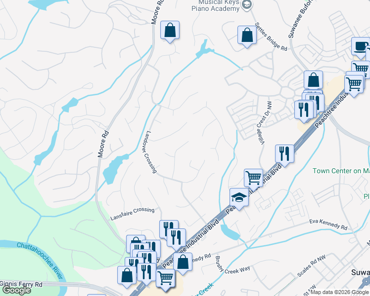map of restaurants, bars, coffee shops, grocery stores, and more near 4405 Red Rock Point in Suwanee