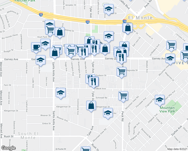 map of restaurants, bars, coffee shops, grocery stores, and more near 11012 Dodson Street in El Monte