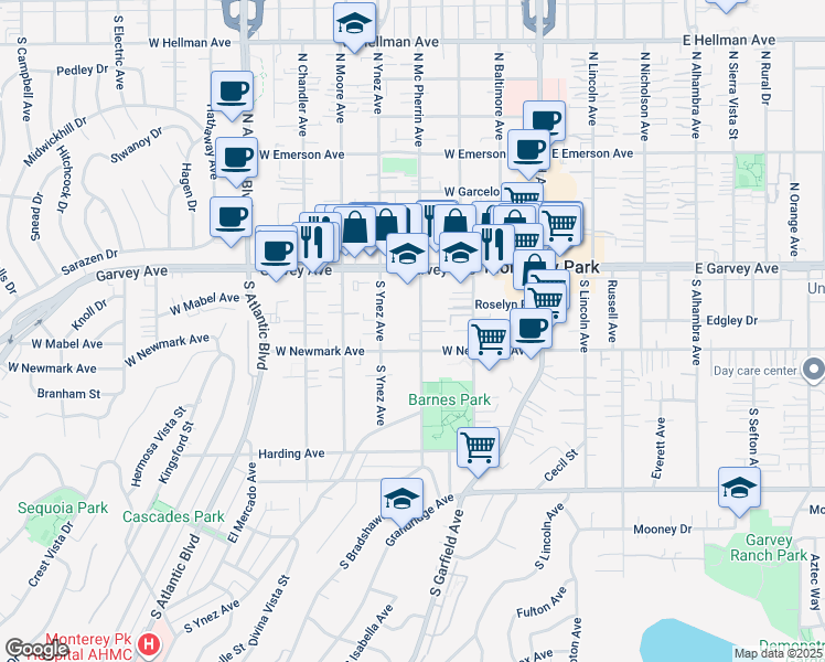 map of restaurants, bars, coffee shops, grocery stores, and more near 225 South Mc Pherrin Avenue in Monterey Park