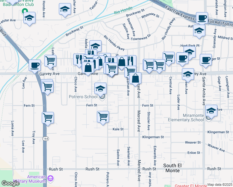 map of restaurants, bars, coffee shops, grocery stores, and more near 2649 Sastre Avenue in El Monte