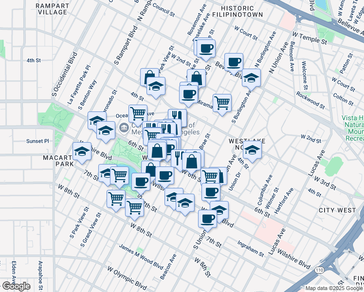 map of restaurants, bars, coffee shops, grocery stores, and more near 415 South Westlake Avenue in Los Angeles