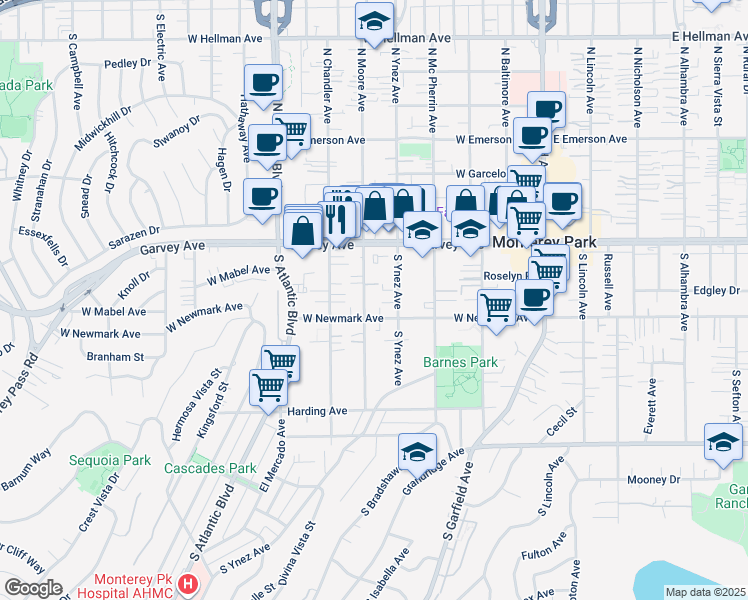 map of restaurants, bars, coffee shops, grocery stores, and more near 225 South Ynez Avenue in Monterey Park
