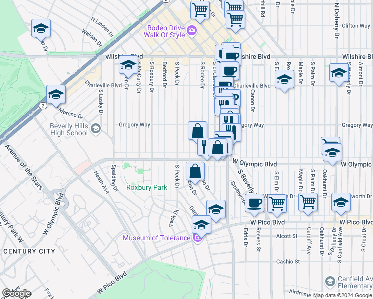 map of restaurants, bars, coffee shops, grocery stores, and more near 341 South Camden Drive in Beverly Hills