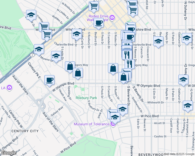 map of restaurants, bars, coffee shops, grocery stores, and more near 340 South Bedford Drive in Beverly Hills