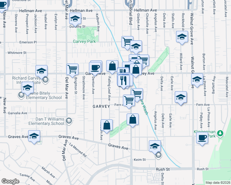 map of restaurants, bars, coffee shops, grocery stores, and more near 2647 Pine Street in Rosemead