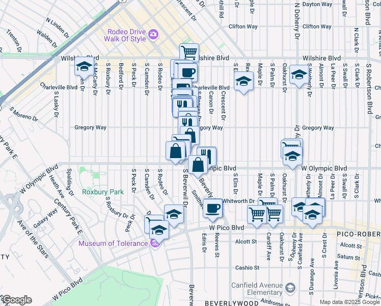 map of restaurants, bars, coffee shops, grocery stores, and more near 346 South Reeves Drive in Beverly Hills