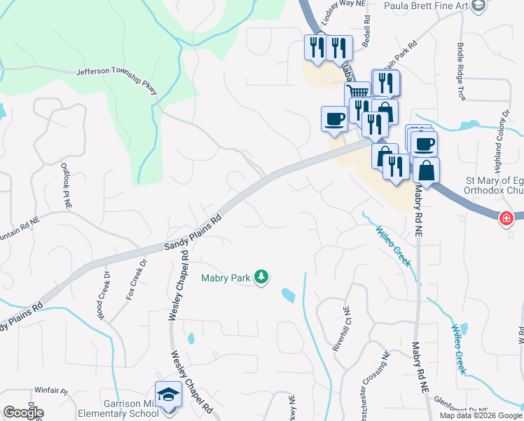 map of restaurants, bars, coffee shops, grocery stores, and more near 4107 Springwood Pl in Marietta