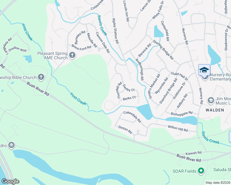 map of restaurants, bars, coffee shops, grocery stores, and more near 114 Thornhill Road in Columbia