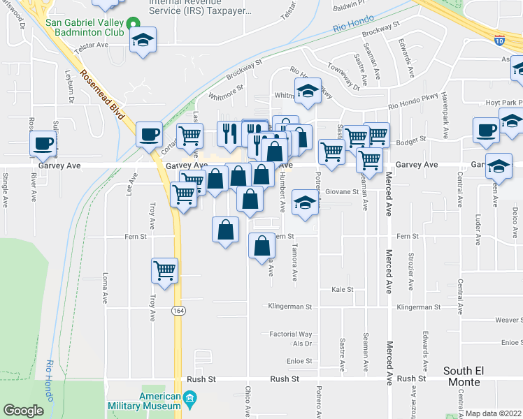 map of restaurants, bars, coffee shops, grocery stores, and more near 2650 Chico Avenue in South El Monte