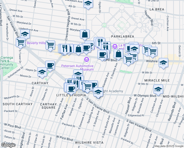 map of restaurants, bars, coffee shops, grocery stores, and more near 810 South Ogden Drive in Los Angeles
