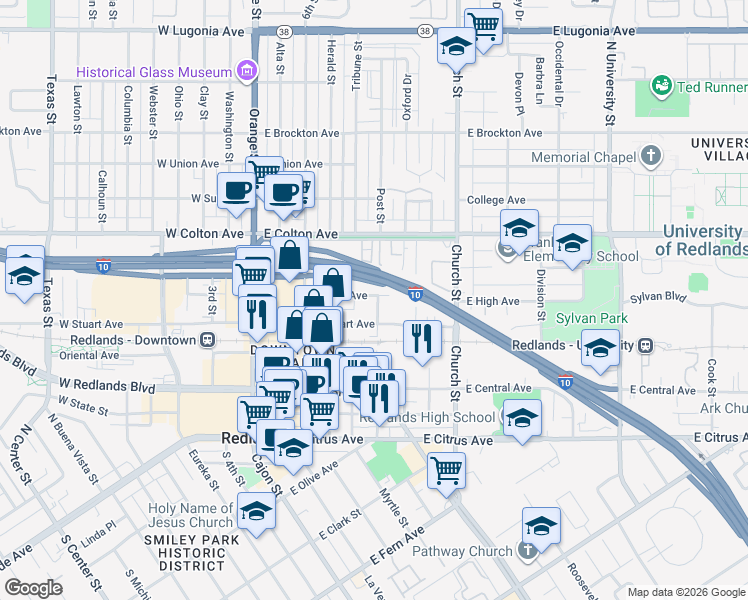 map of restaurants, bars, coffee shops, grocery stores, and more near 424 East High Avenue in Redlands