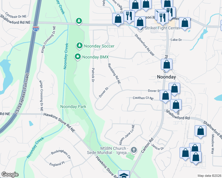 map of restaurants, bars, coffee shops, grocery stores, and more near 613 Dover Street in Marietta