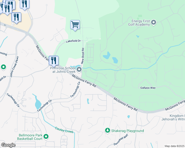 map of restaurants, bars, coffee shops, grocery stores, and more near 7625 Ledgewood Way in Suwanee