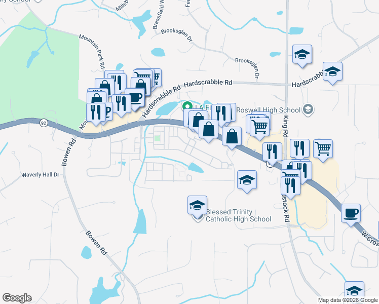map of restaurants, bars, coffee shops, grocery stores, and more near 3402 Waters Edge Trail in Roswell