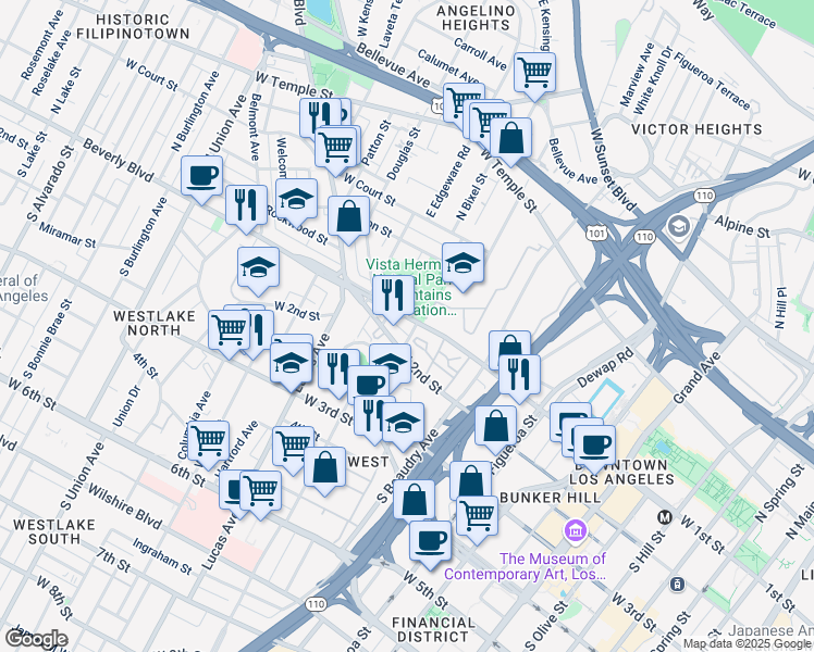 map of restaurants, bars, coffee shops, grocery stores, and more near 1238 West 1st Street in Los Angeles