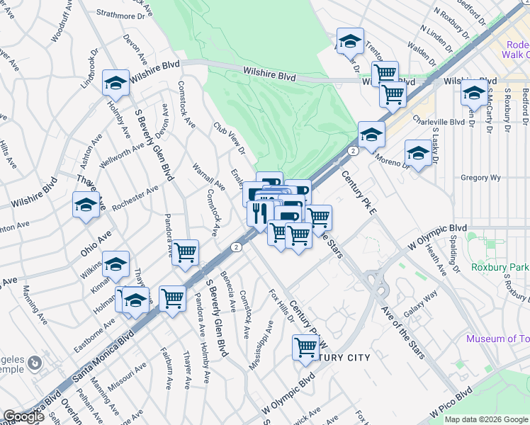 map of restaurants, bars, coffee shops, grocery stores, and more near 10225 Santa Monica Boulevard in Los Angeles