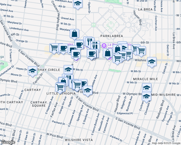 map of restaurants, bars, coffee shops, grocery stores, and more near 811 South Spaulding Avenue in Los Angeles