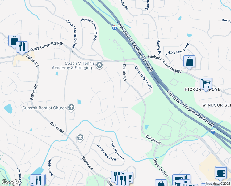 map of restaurants, bars, coffee shops, grocery stores, and more near 4164 Glenaire Way Northwest in Acworth
