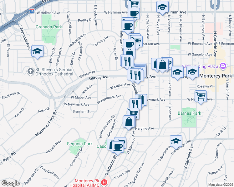 map of restaurants, bars, coffee shops, grocery stores, and more near 915 West Newmark Avenue in Monterey Park