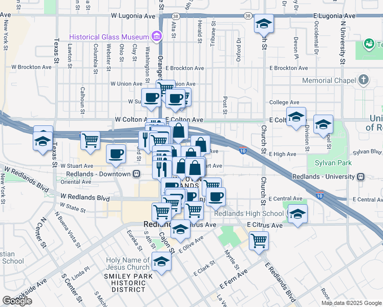 map of restaurants, bars, coffee shops, grocery stores, and more near 214 East High Avenue in Redlands
